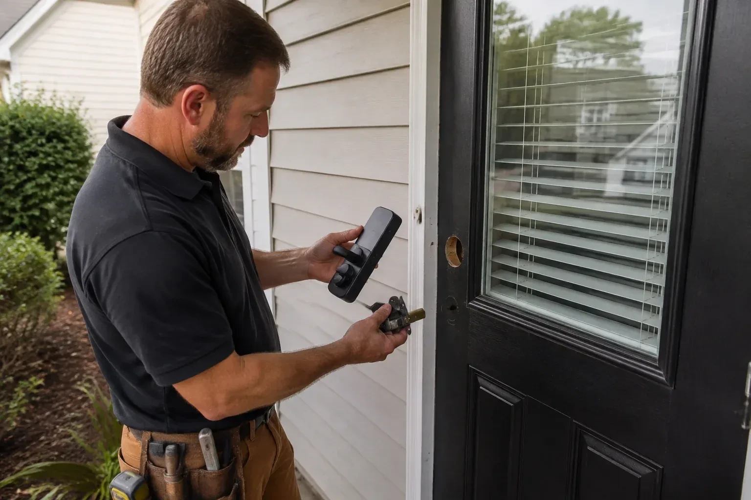 Person holding a black door-handle assembly and a latch beside a glazed door with exposed lock openings. — Smart Lock Installation, Welland