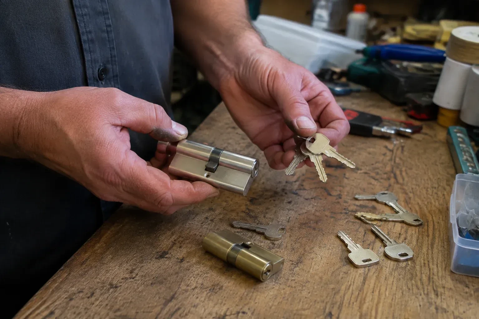 Hands holding a lock cylinder and a ring of keys above a worn workbench with another cylinder and loose keys. — Lock Rekeying, Welland