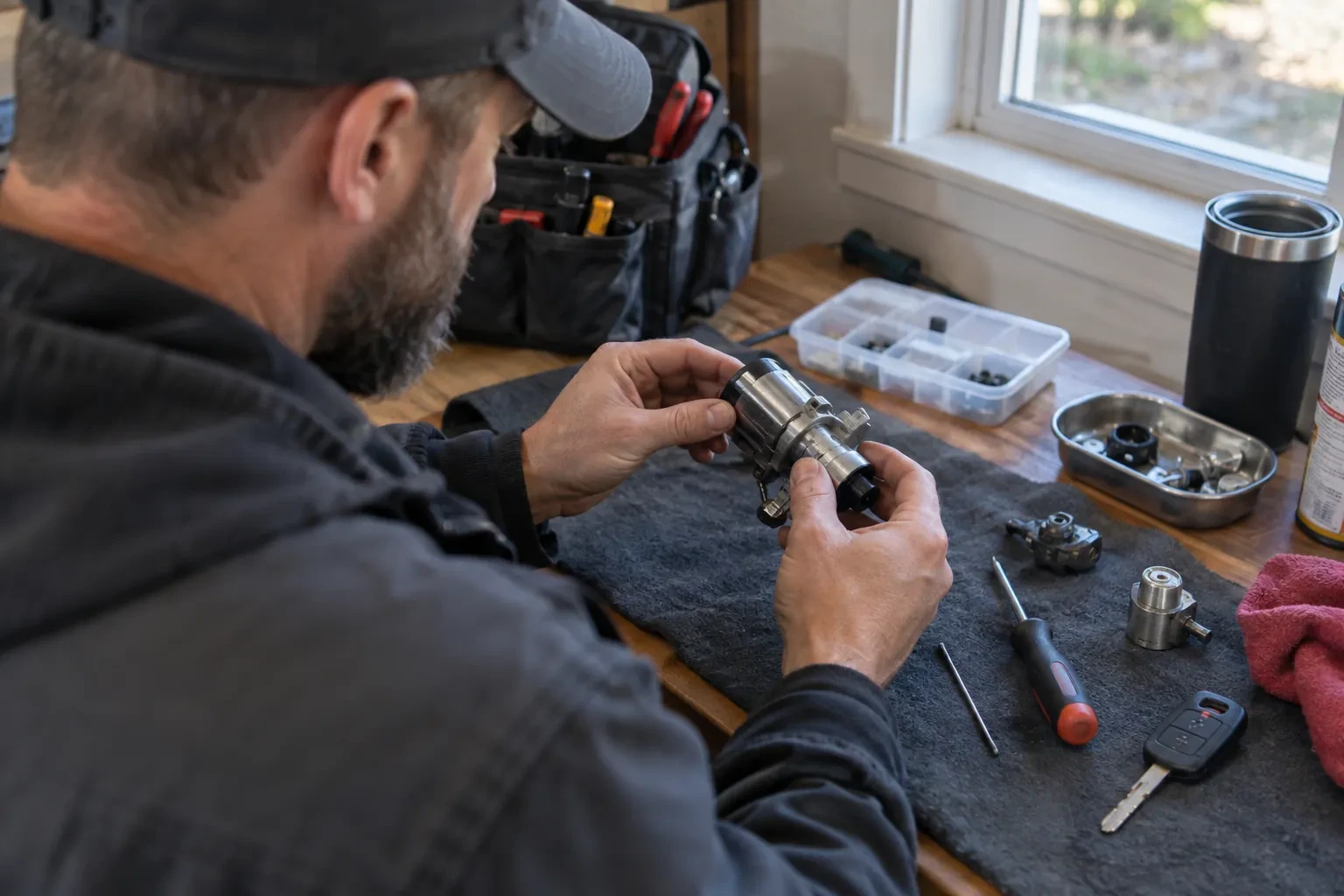 Technician examining a steel cylindrical lock part above a dark mat with a screwdriver, a key fob and loose parts. — Wainfleet