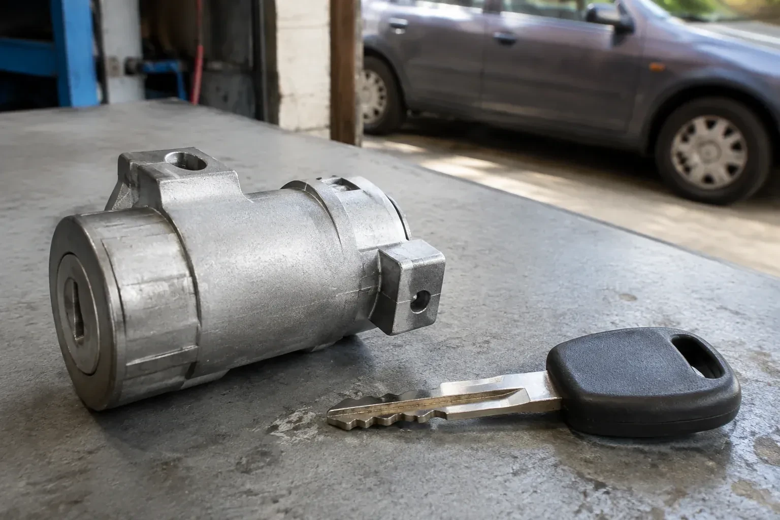 Detached cylindrical lock housing and black-headed key on an automotive workbench. — Ignition Lock Repair, Welland
