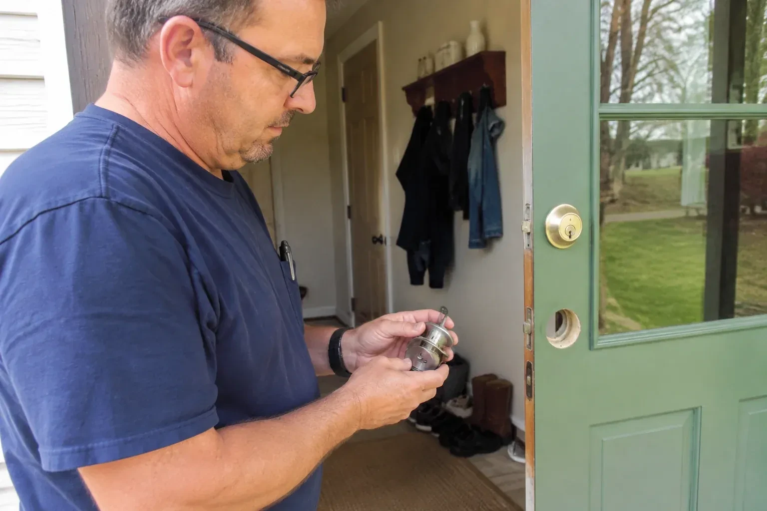 Person holding a cylindrical door-lock assembly beside an open green glazed door with its lower lock opening exposed. — Seized & Jammed Lock Opening, Welland