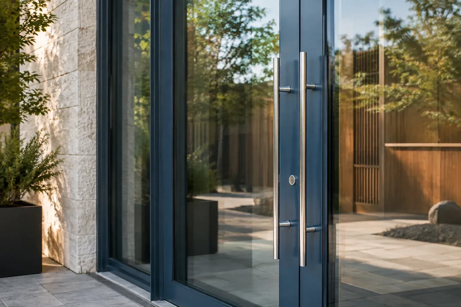 Dark-framed glass entrance doors with long silver-colored vertical pull handles and a round keyhole. — Business Lockout Service, Welland
