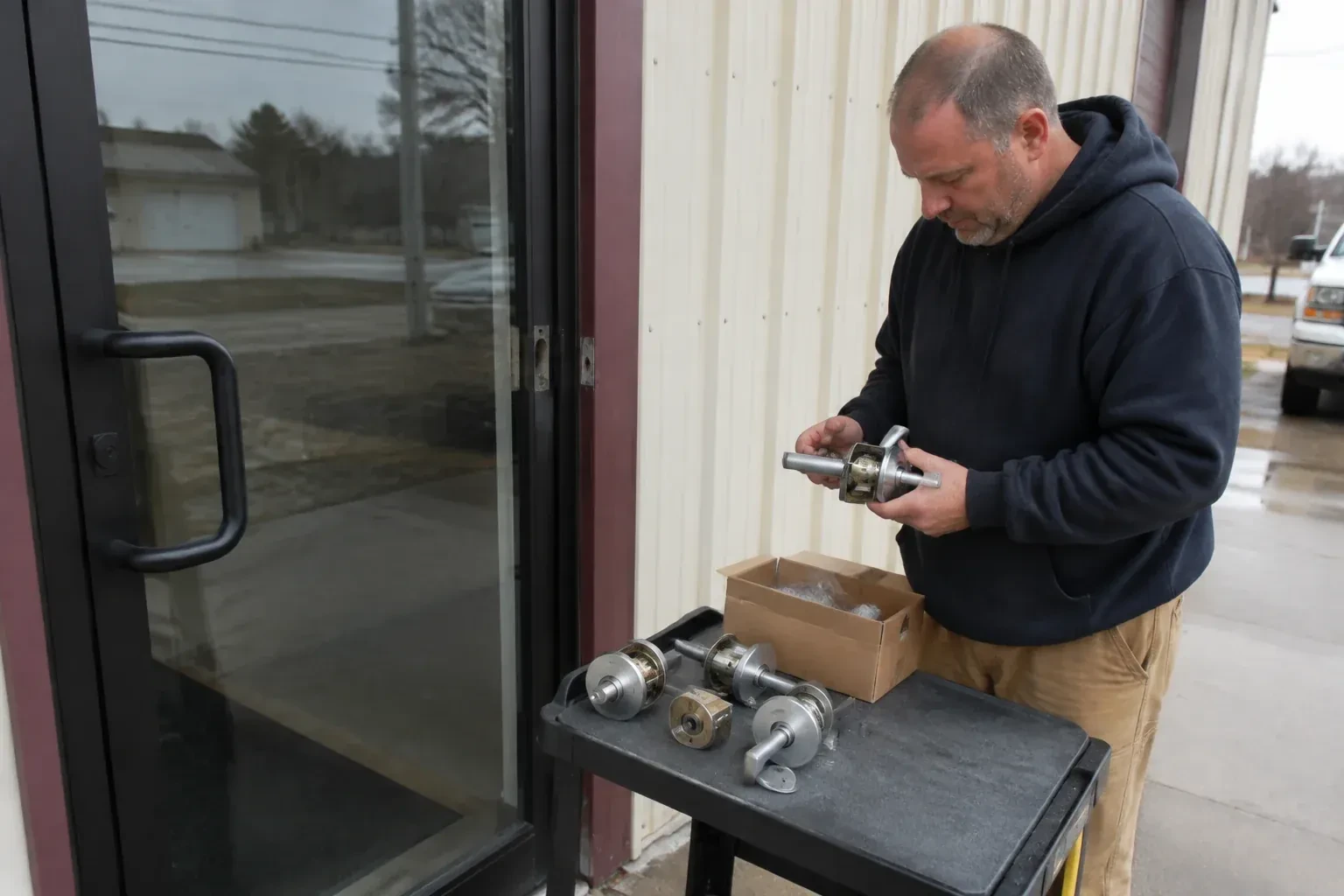 Person holding a door-handle assembly beside a glazed entrance, with more handle and lock components on a cart. — Commercial-Grade Lock Replacement, Welland