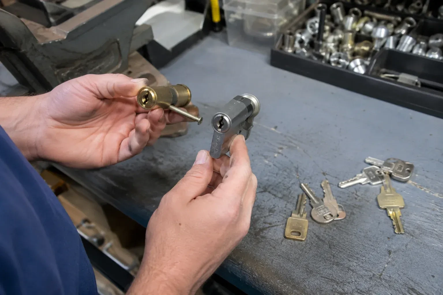 Hands comparing detached lock cylinders beside loose keys on a workbench. — Broken Key Extraction, Welland