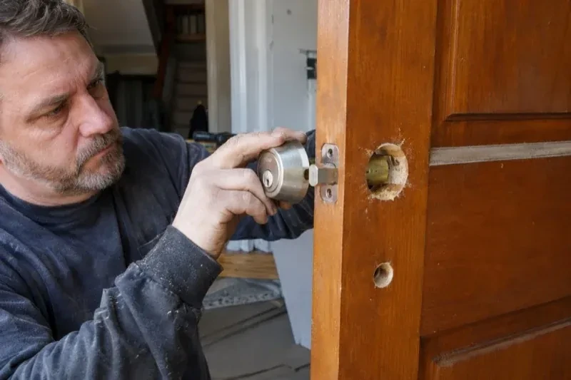 Person holding a silver-colored lock beside an open wooden door with exposed circular holes and a latch at its edge. — Deadbolt Installation, Welland