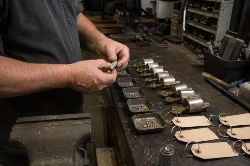 Person handling a lock cylinder at a workbench lined with cylinders, keys, small pin trays and blank key tags. — Commercial Rekeying, Welland