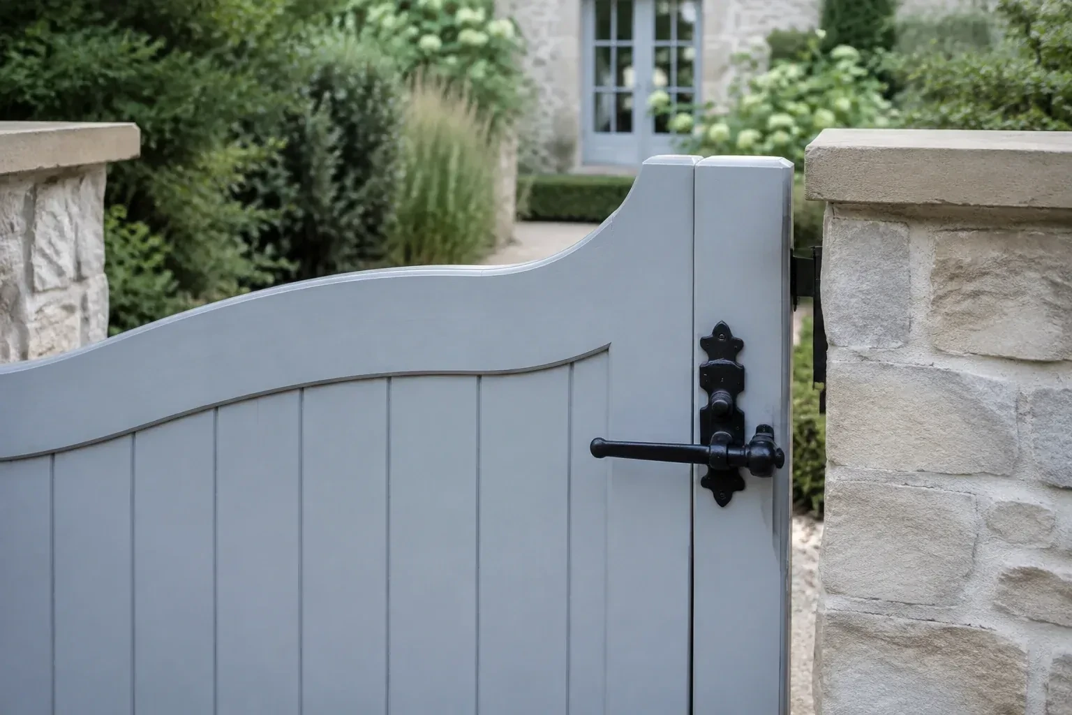 Pale blue garden gate with a black lever latch between light stone pillars. — Gate & Building Entry Locks, Welland