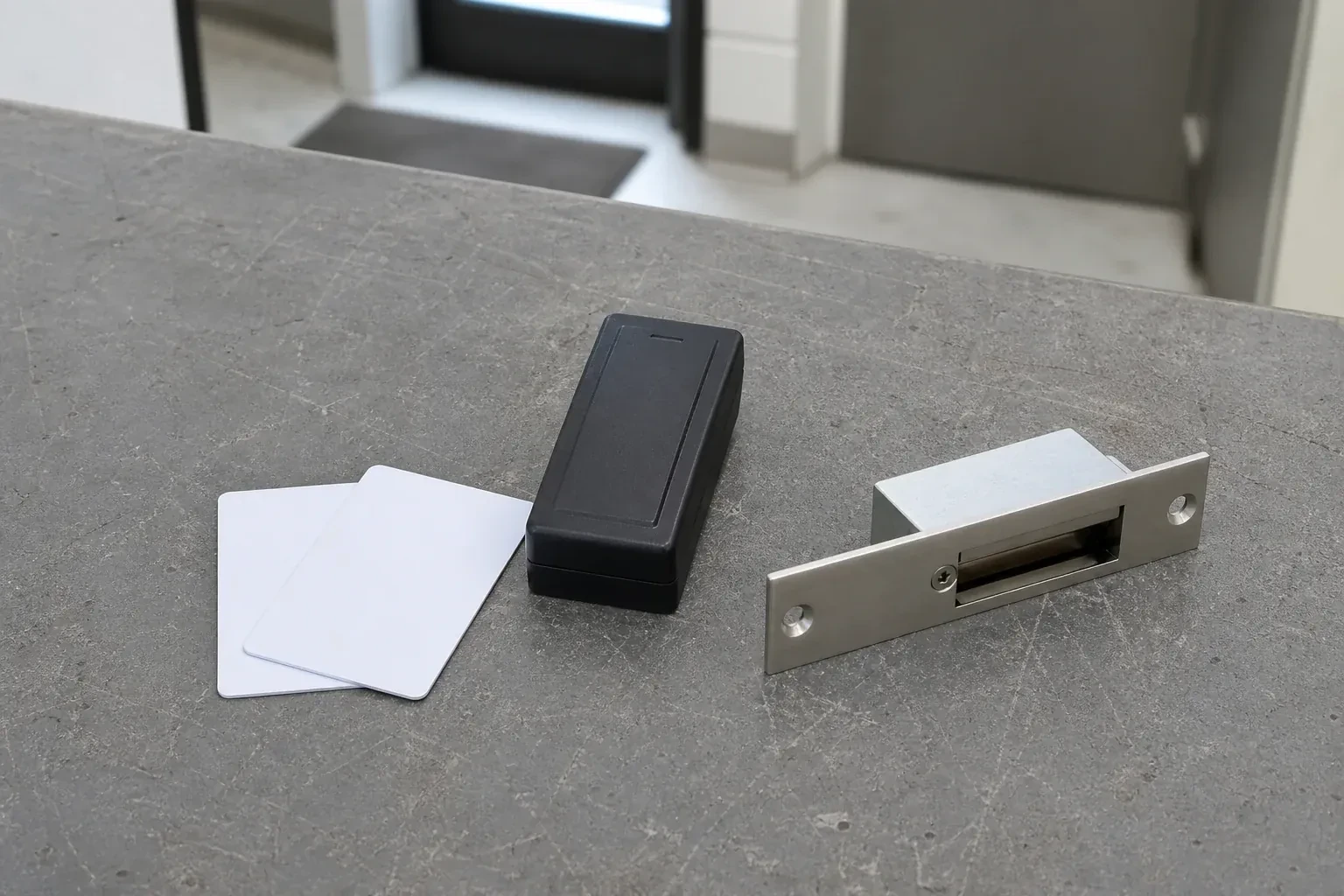 Detached card reader, two plain cards and an electric-strike component on a service bench. — Access Control Installation, Welland