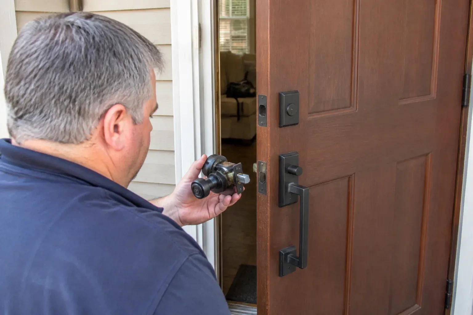 Person holding a removed black lock assembly beside a partly open brown front door with a long black pull handle. — Home Lockout Service, Welland