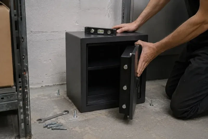Person kneeling beside an open black safe with a spirit level on top and loose bolts and a wrench on the concrete floor. — Safe Installation & Servicing, Welland