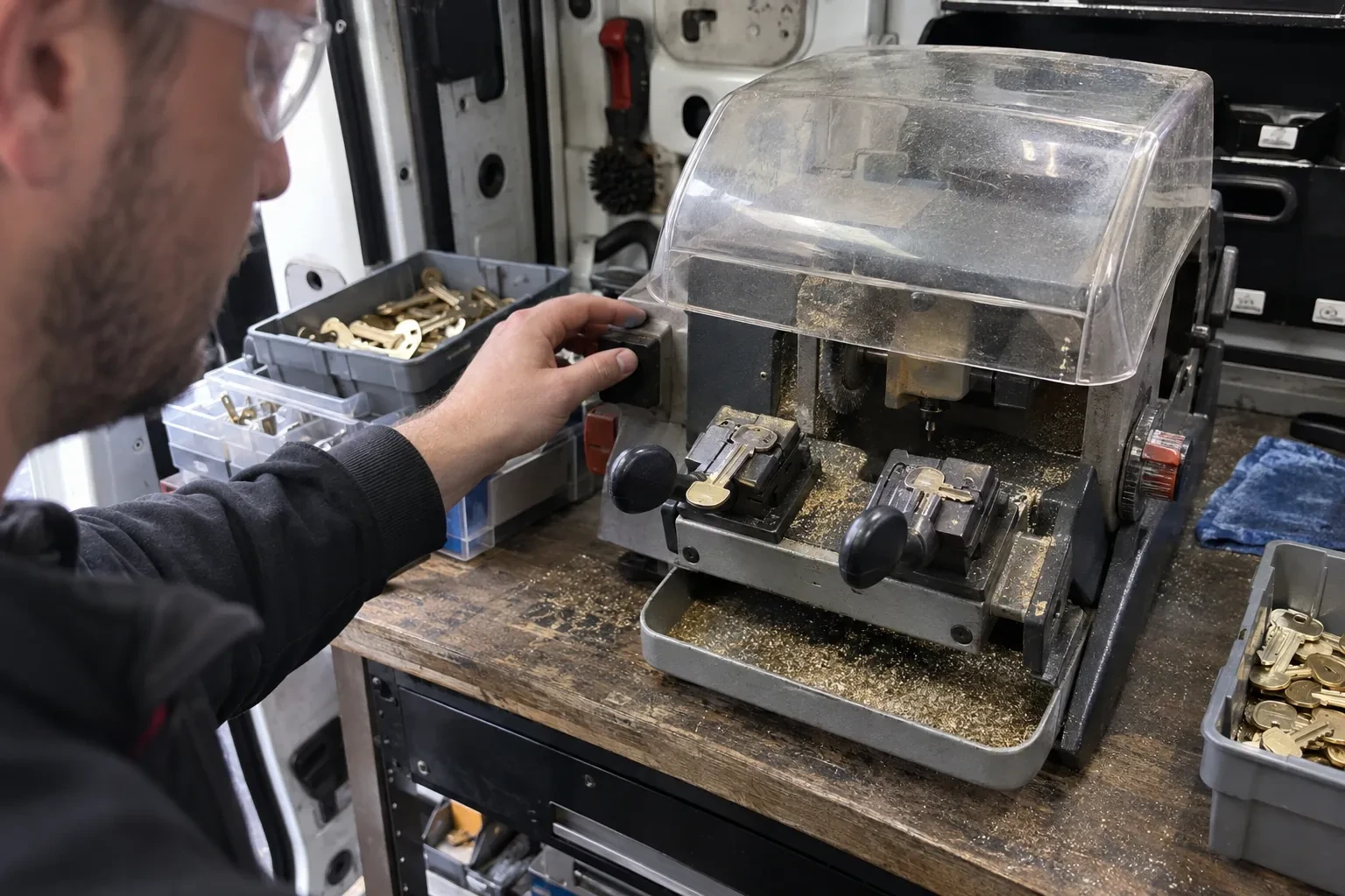 Person in safety glasses reaching for a key-cutting machine with a clear cover, beside trays of brass key blanks. — Spare Car Key Duplication, Welland
