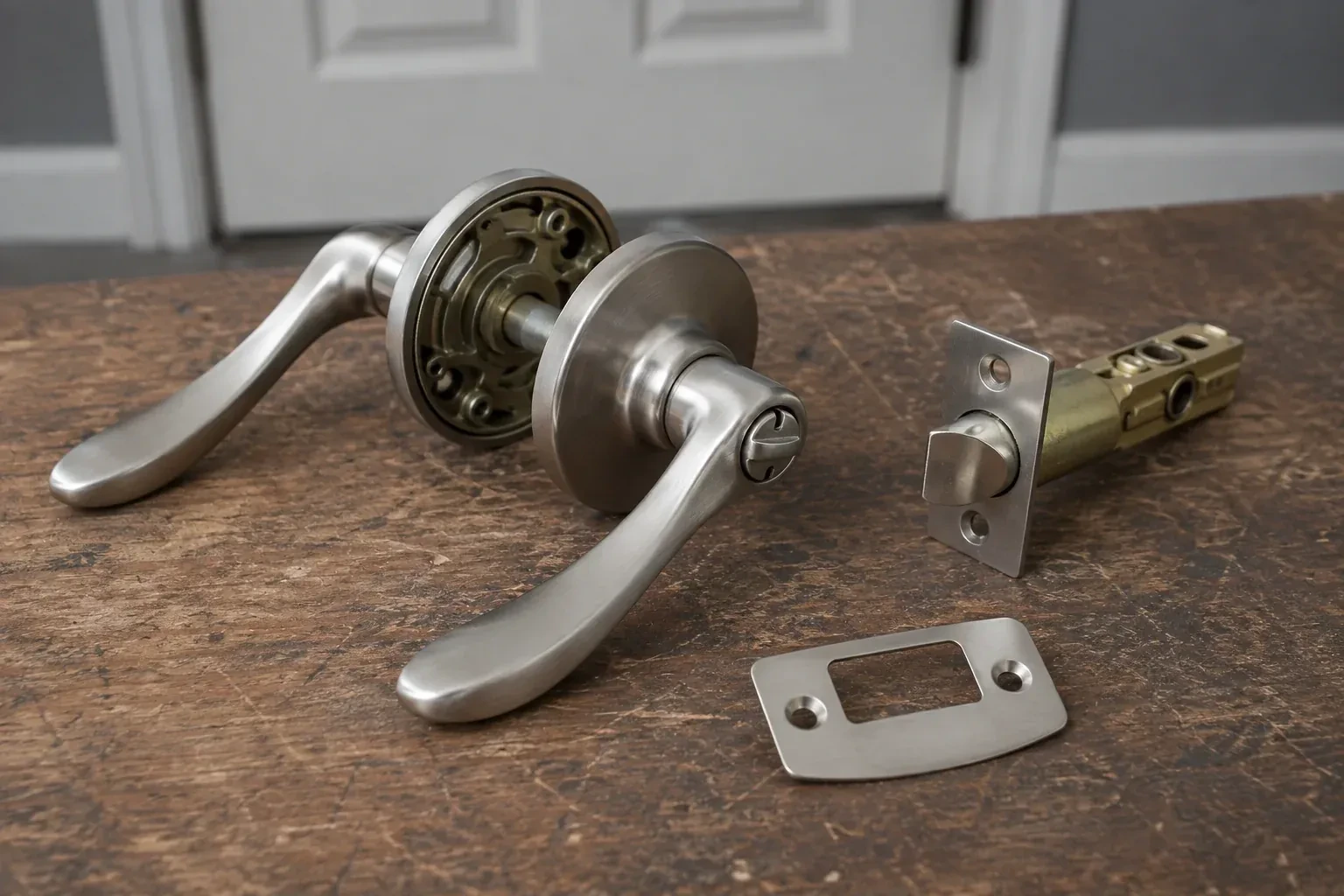 Detached satin-nickel lever hardware, tubular latch and strike plate on a wooden workbench. — Lock Replacement & Upgrade, Welland