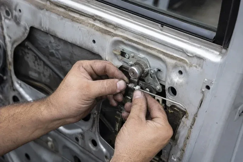 Hands holding a small linkage beside an exposed car-door lock mechanism with the interior trim removed. — Vehicle Lock Repair, Welland