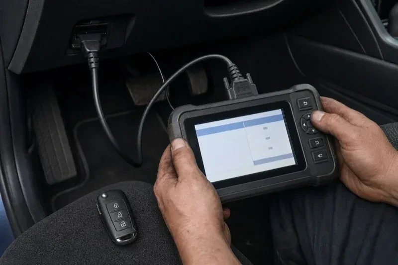 Hands holding a diagnostic tablet connected beneath a car dashboard, with a key fob resting on the person’s leg. — Key Fob Programming, Welland
