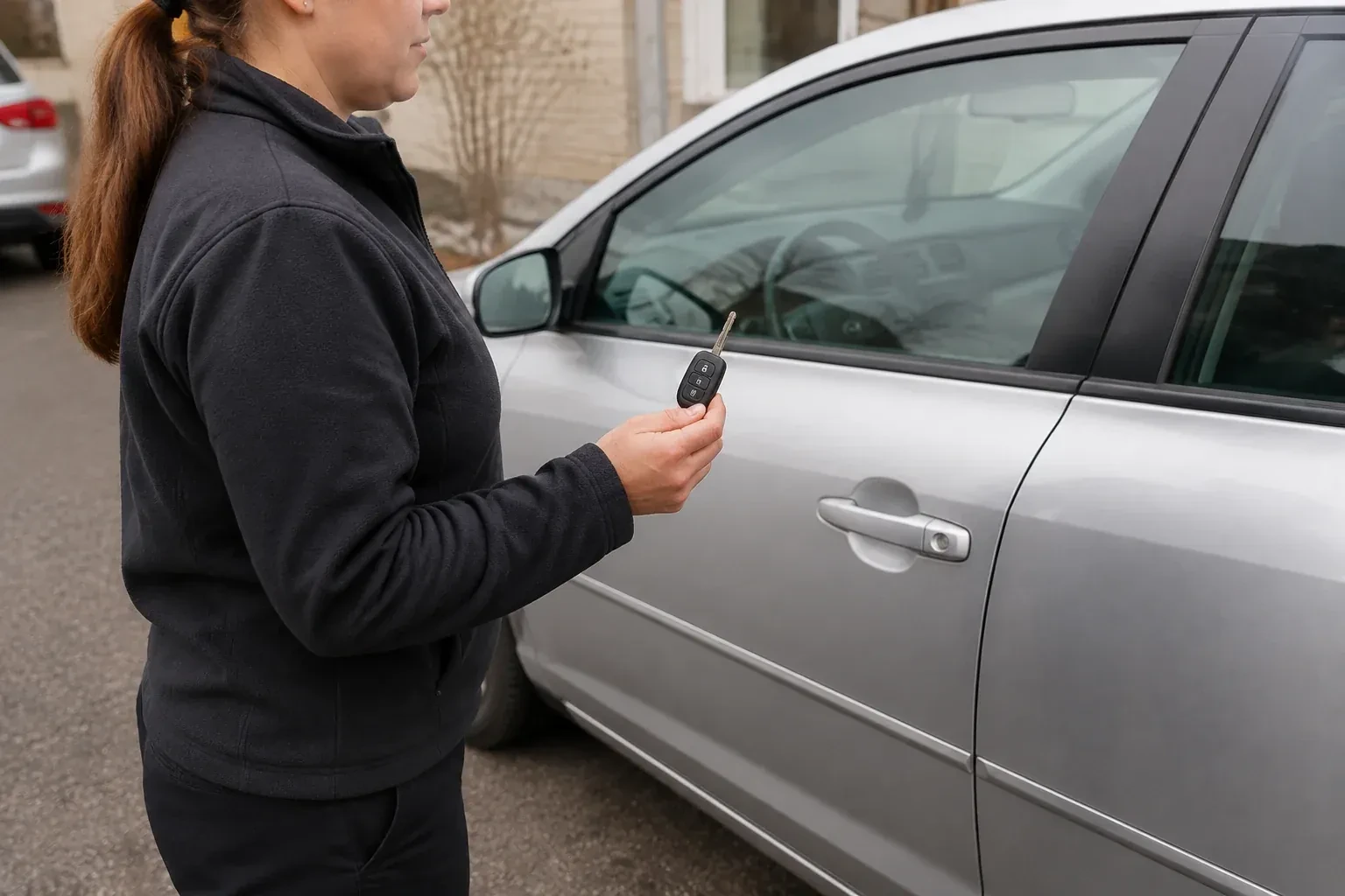 Technician holding a remote key with an extended blade beside a silver car. — Car Key Replacement, Welland
