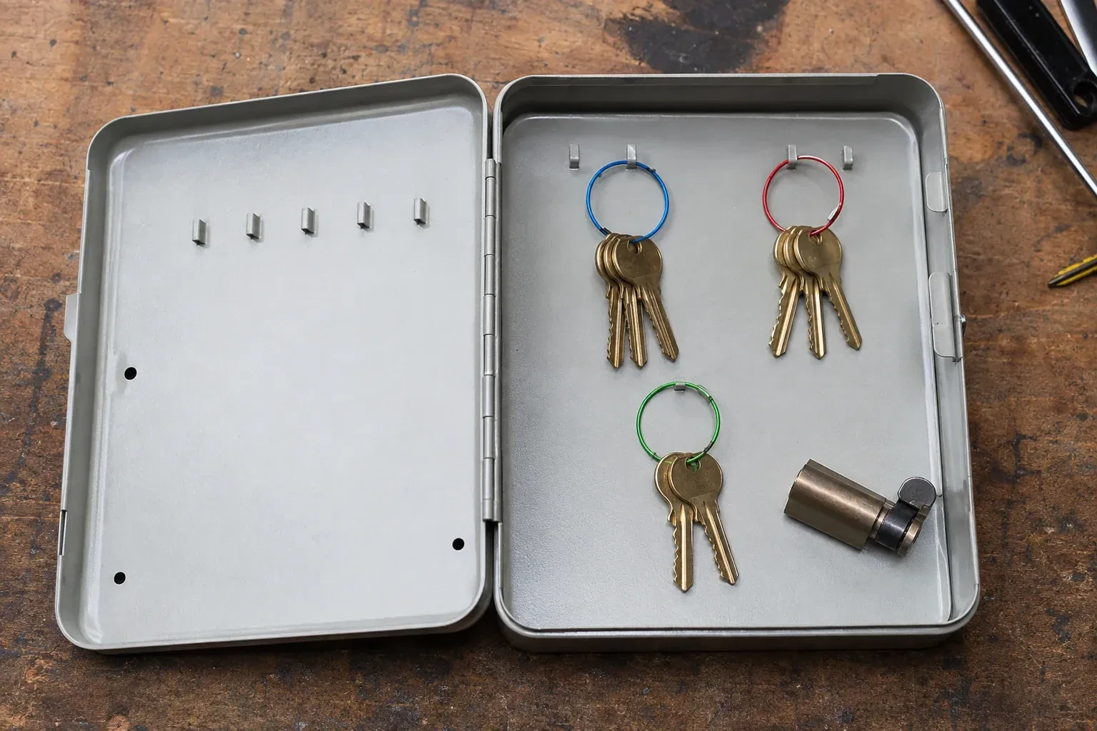 Three groups of keys on colored rings in an open metal key cabinet. — Master Key System Design, Welland