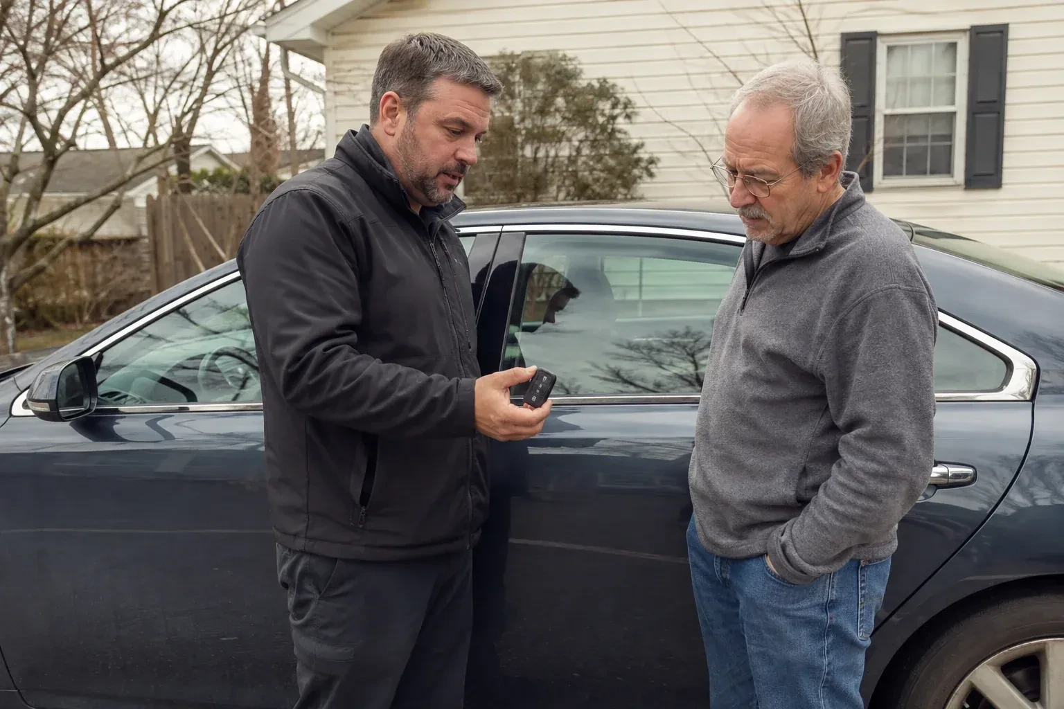 Two people beside a dark sedan, one holding up a black key fob. — Car Lockout Service, Welland