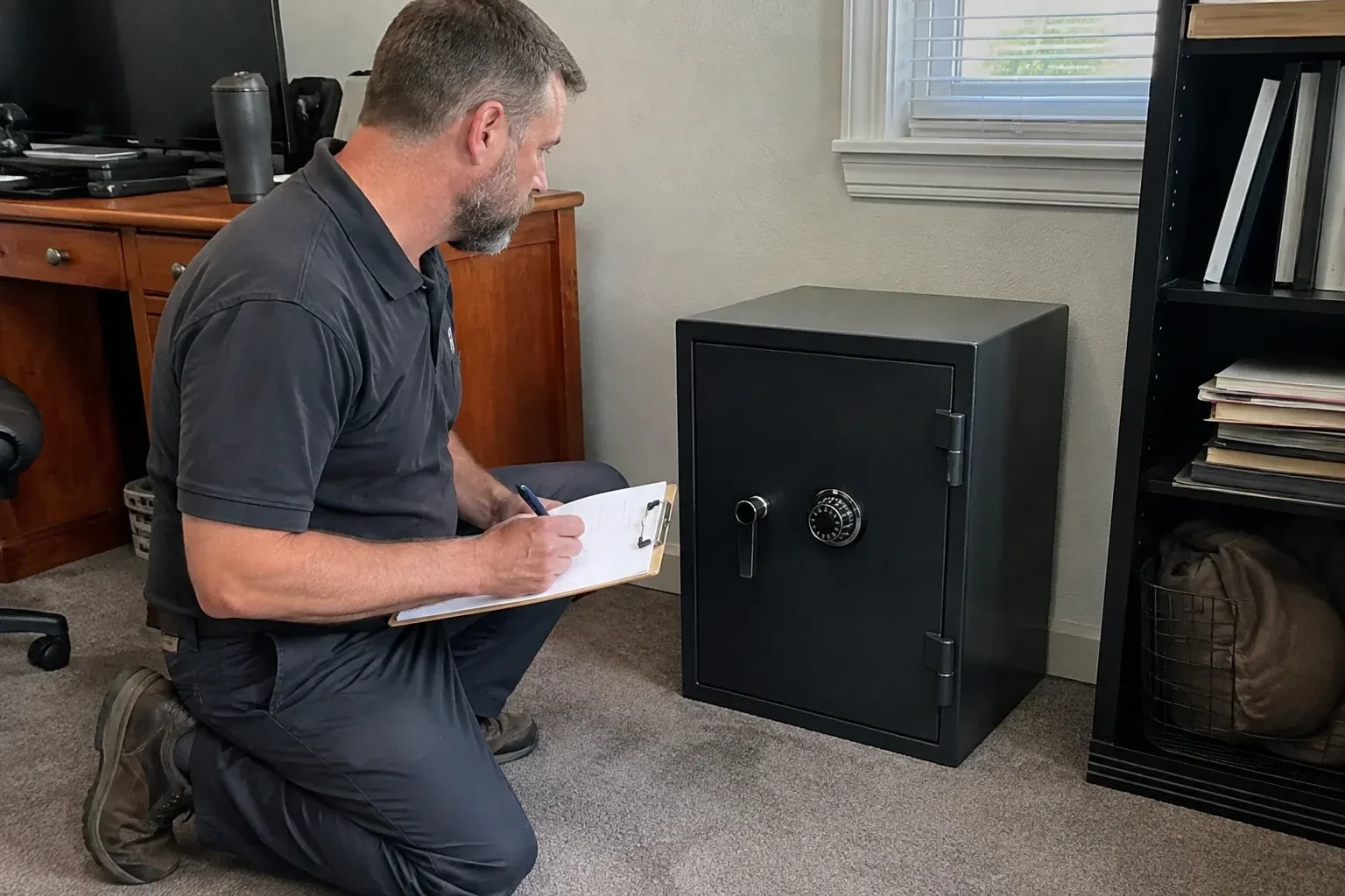 Person writing on a clipboard while kneeling beside a closed black safe with a numbered combination dial in a home office. — Safe Opening & Combination Change, Welland